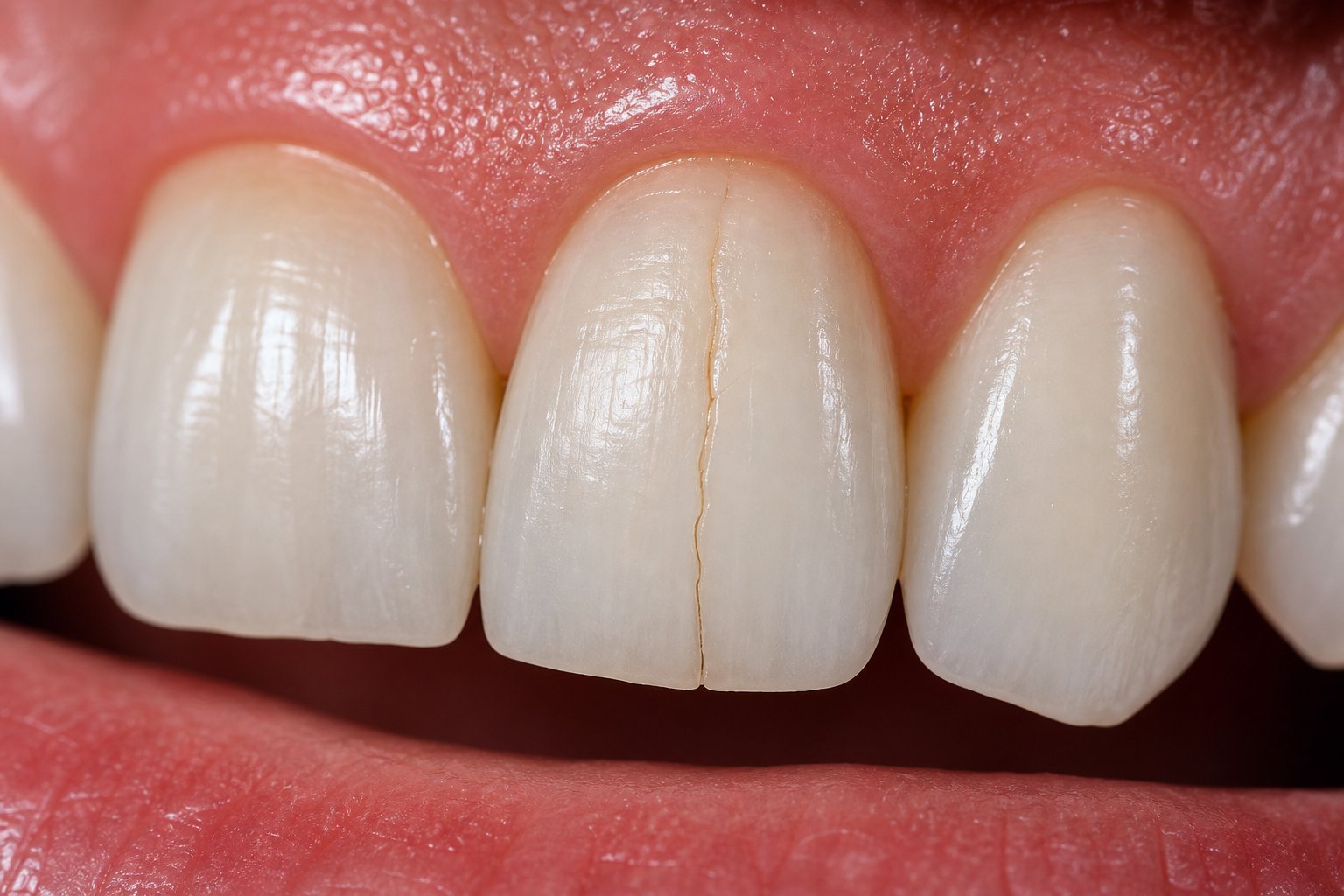 Close-up of a human mouth showing a tooth with a visible crack on its surface.