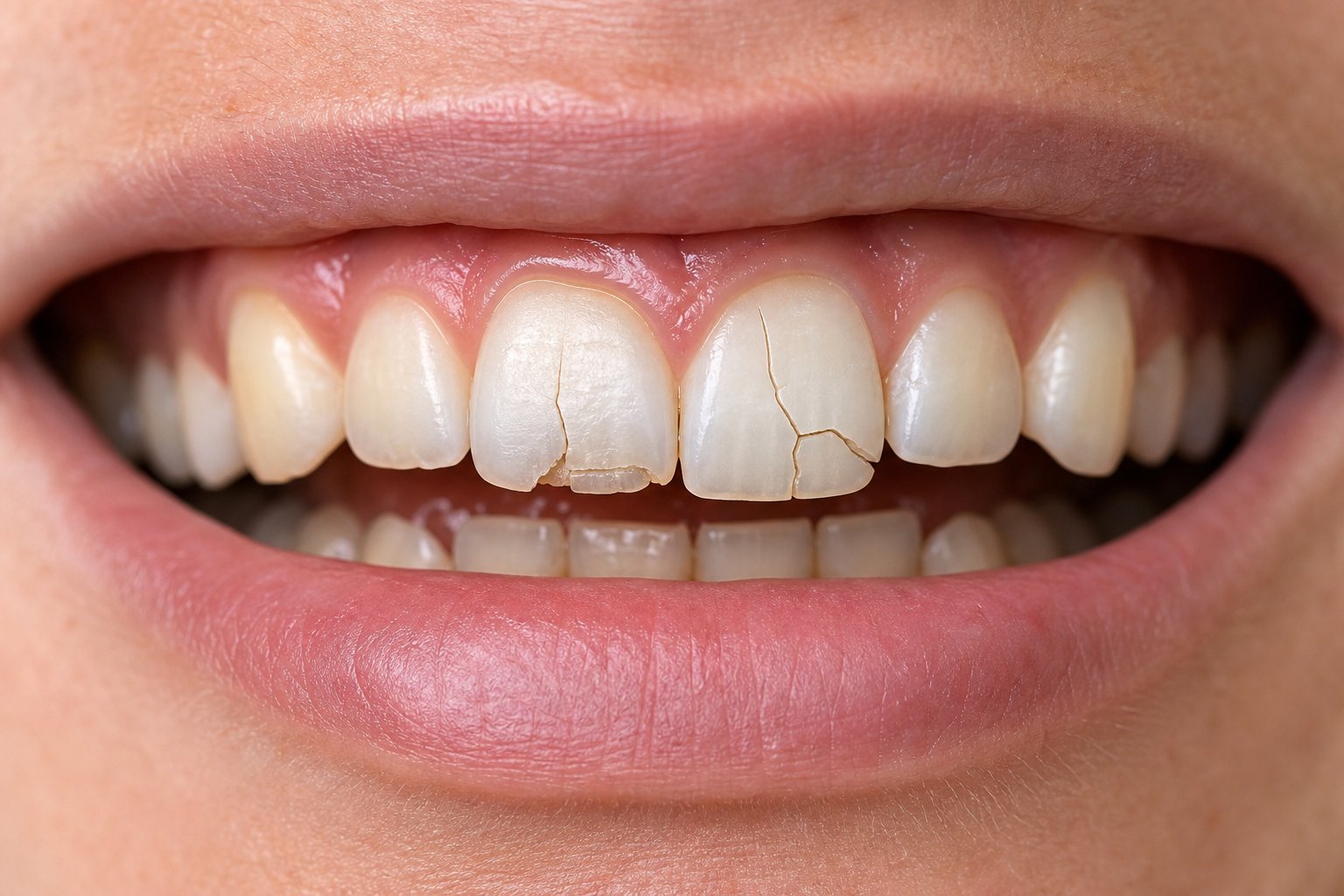 Close-up of a human mouth showing cracked front teeth.