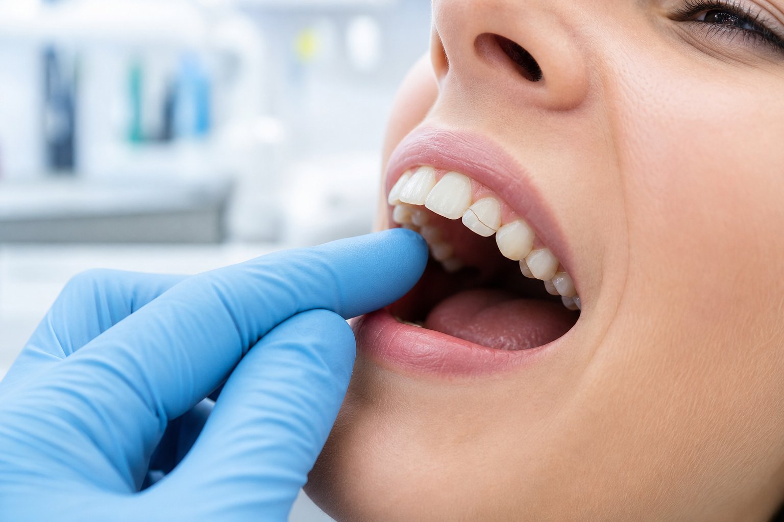 Dentist examining a patient's teeth with a visible crack inside a dental clinic.