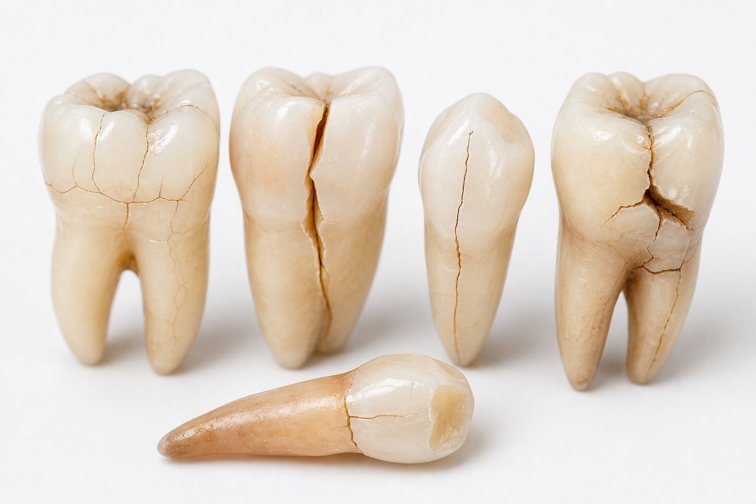 Close-up of several human teeth showing different visible crack patterns on a white background.