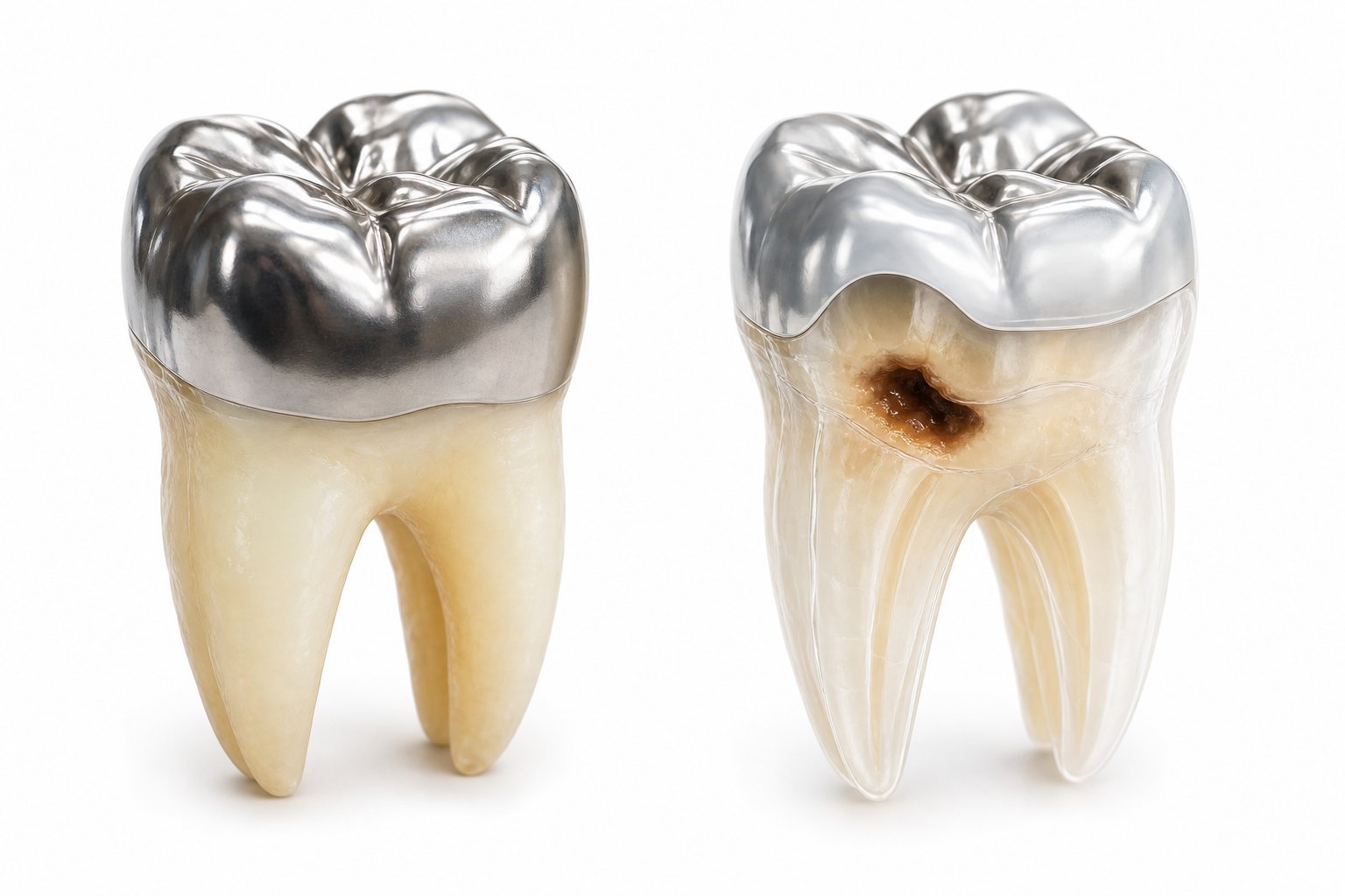 Close-up of a human molar tooth with a dental crown and a highlighted area showing a cavity near the crown.
