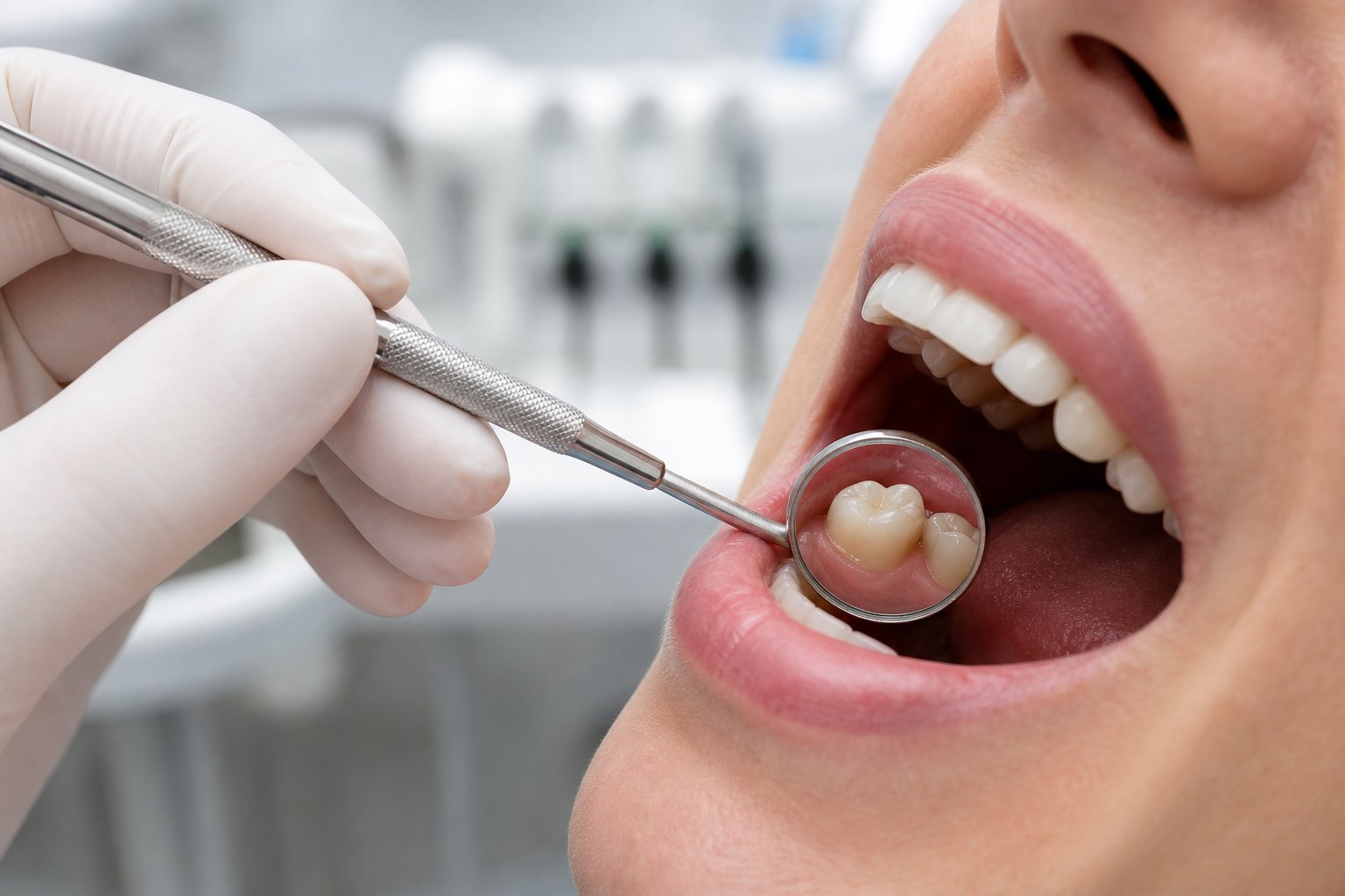 A dentist examining a patient's crowned tooth inside their open mouth using a dental mirror.