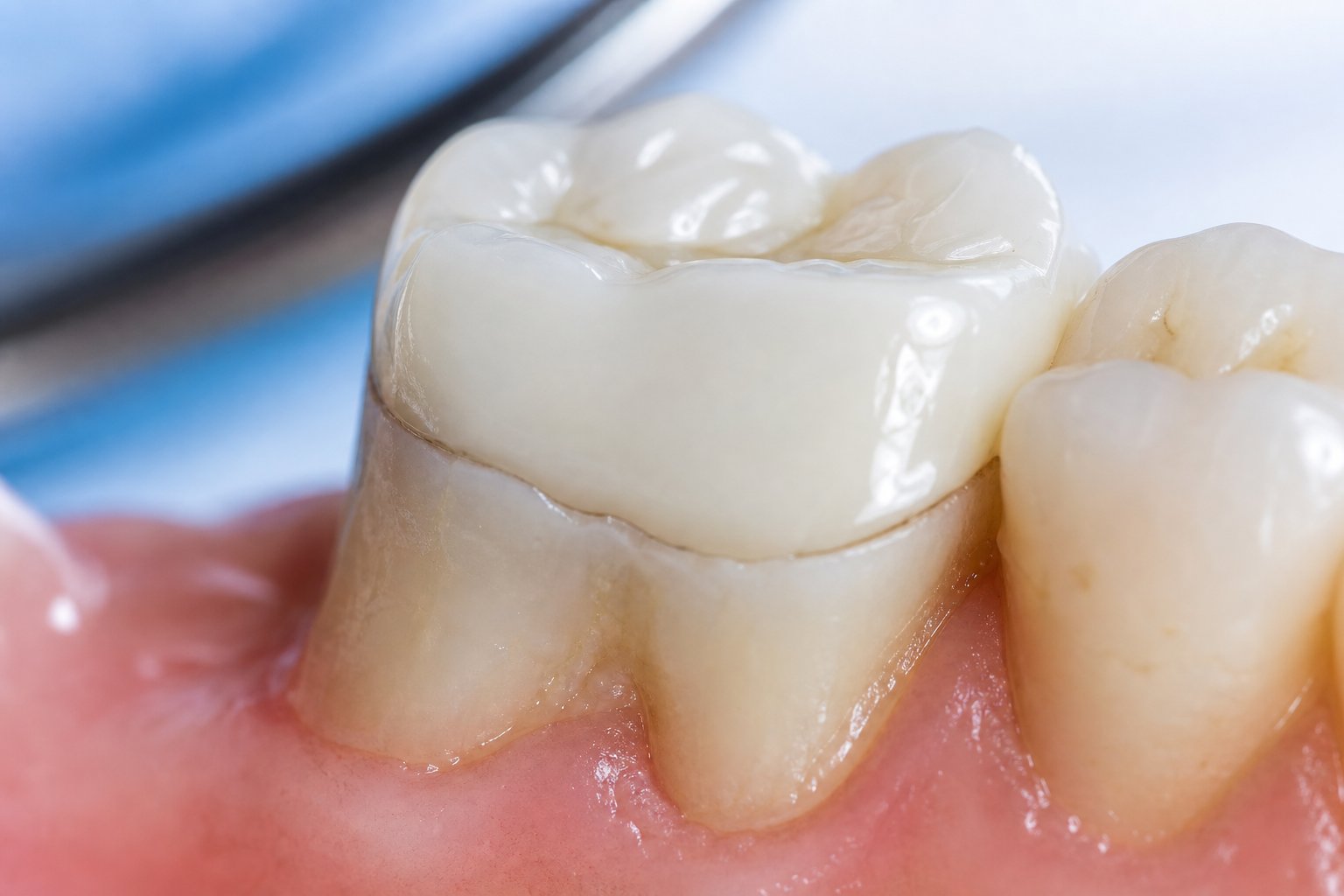 Close-up of a molar tooth with a dental crown showing the surrounding tooth areas in a dental office setting.