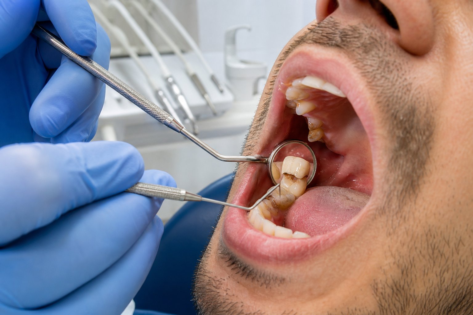 Dentist examining a crowned tooth in a patient's mouth using dental tools in a dental clinic.