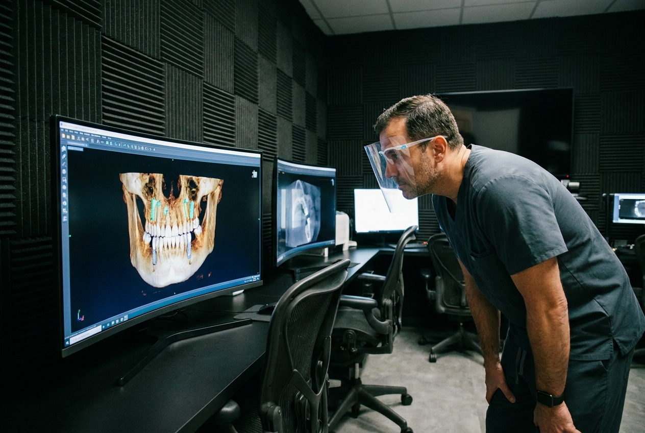A dentist reviews a 3D dental scan of a jaw on a computer monitor while planning implant treatment.