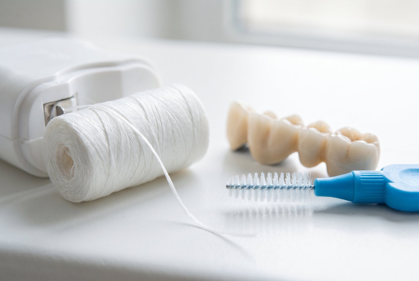 Dental floss and interdental brush next to a dental bridge model on a clean counter