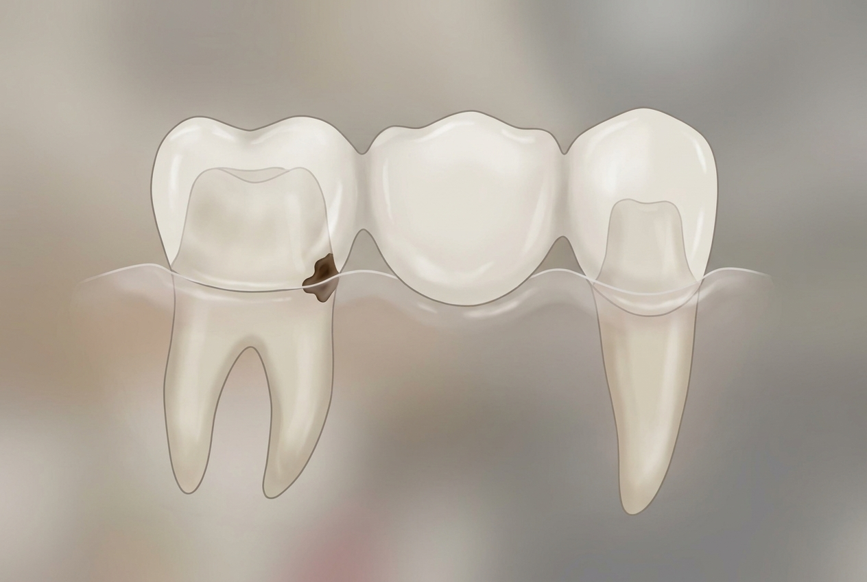 Cross-sectional illustration of a dental bridge showing decay forming where the crown meets the natural tooth.
