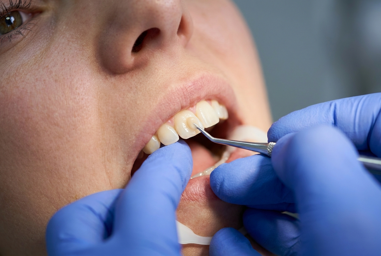A dentist applies tooth-colored composite resin to a patient's upper front tooth in a dental clinic.