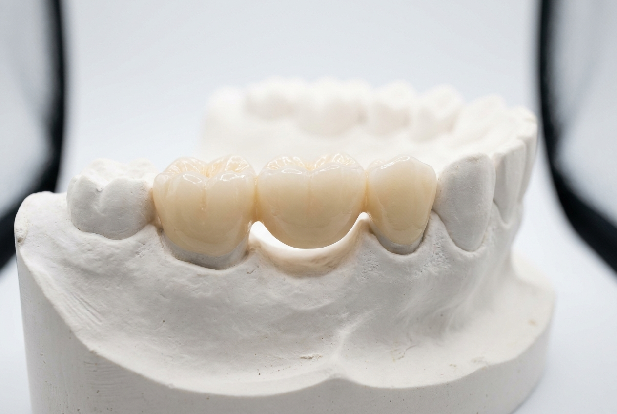 Close-up of a three-unit porcelain dental bridge resting on a dental model on a white background.