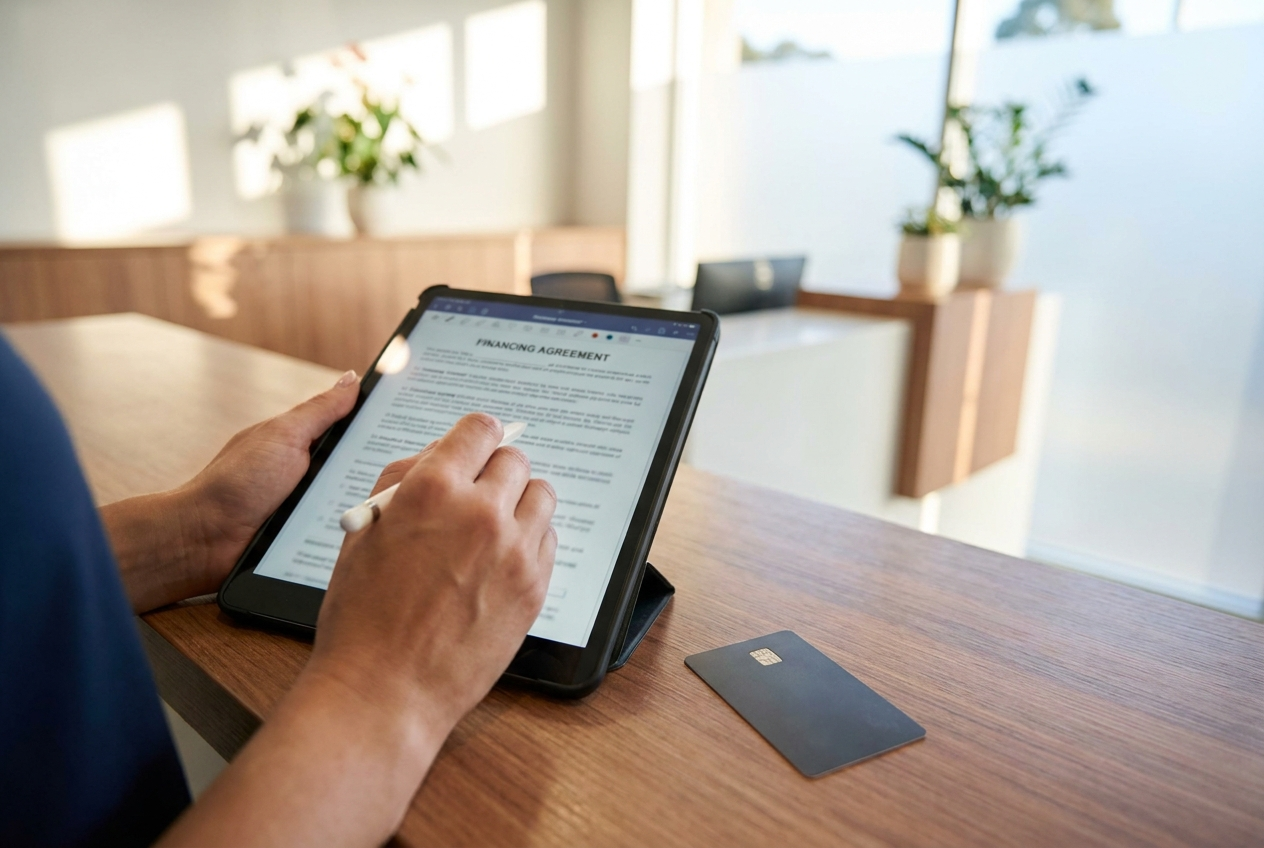 Close-up of a person reviewing a dental financing agreement on a tablet at a clinic reception counter.