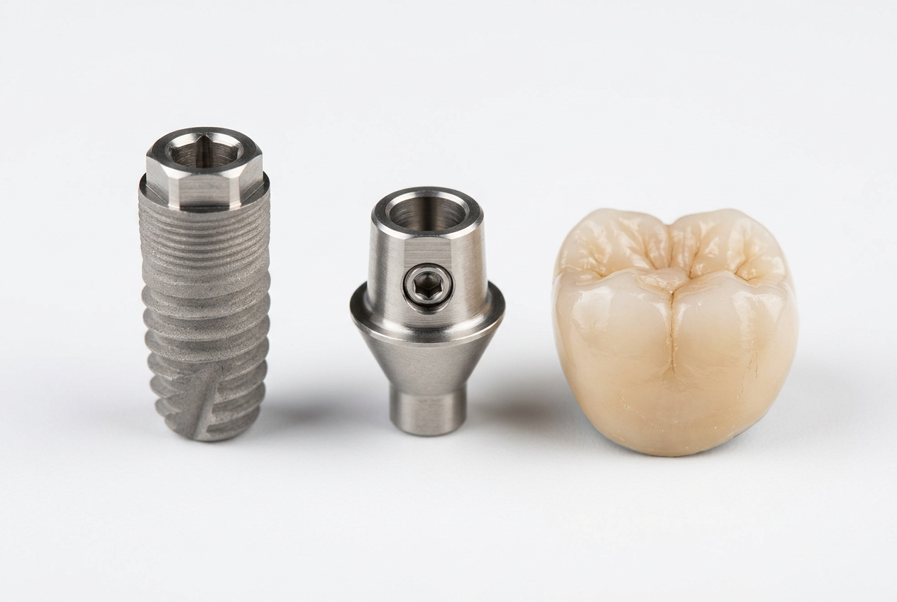Close-up of a dental implant model showing the titanium post, abutment and ceramic crown on a white background.