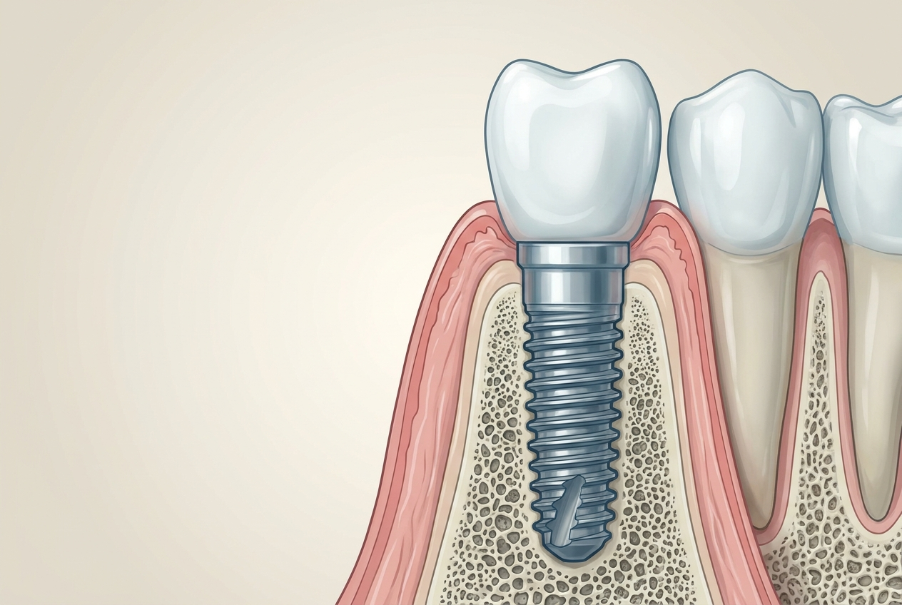 Cross-sectional illustration of a dental implant fused into the jawbone and supporting a ceramic crown.