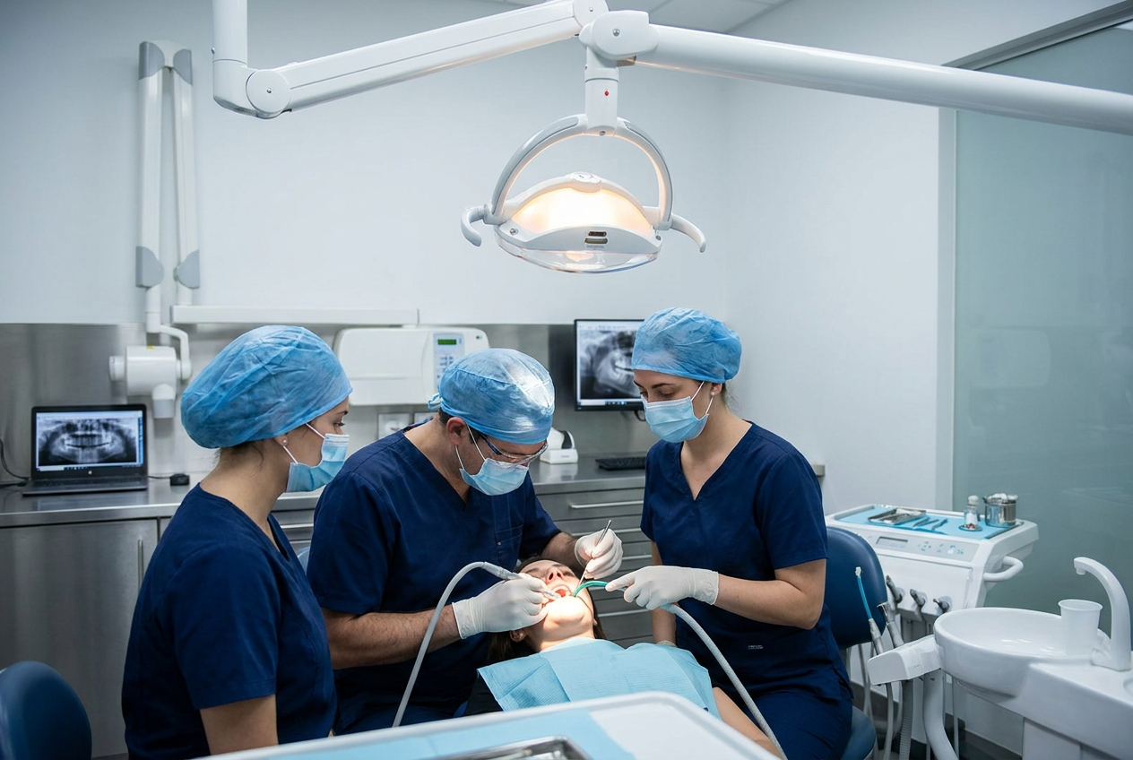 A dental team performs an implant procedure on a patient in a modern sterile treatment room.