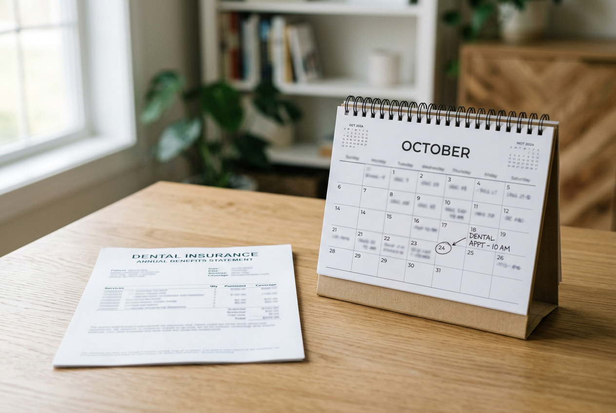 A dental insurance benefits statement and a desk calendar sit side by side on a neutral office desk.