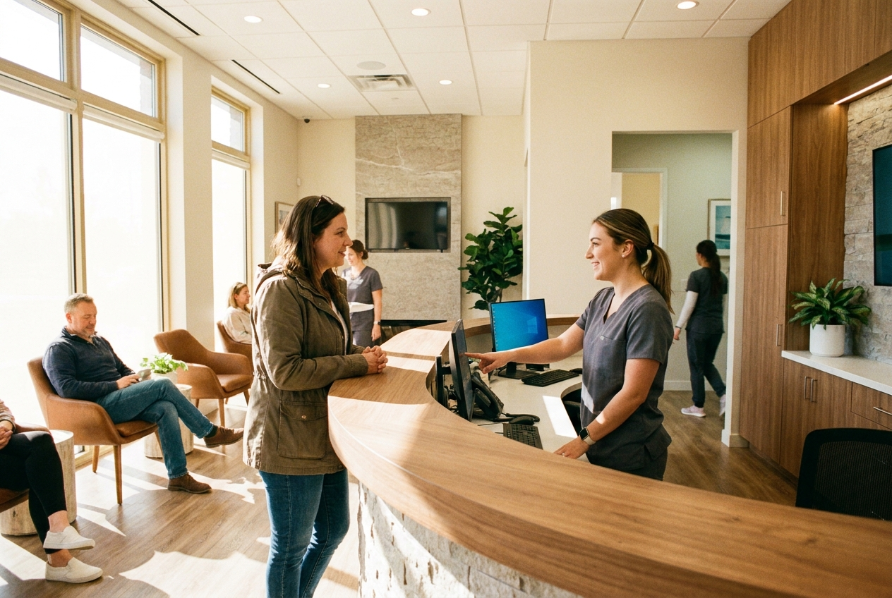 A patient speaks with a dental receptionist at the front desk of a bright modern dental office.