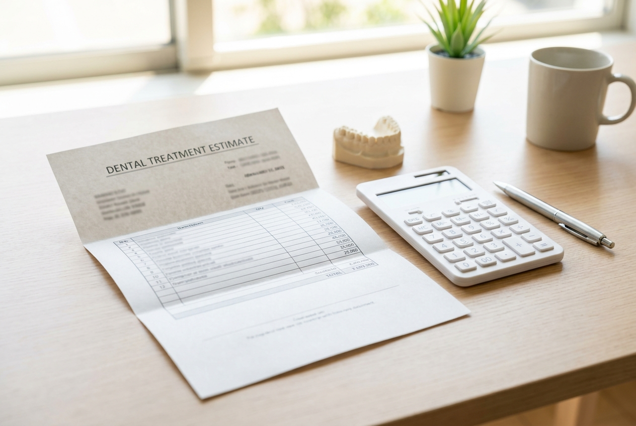 A printed dental treatment plan lies on a desk beside a calculator, a pen and a small dental model.