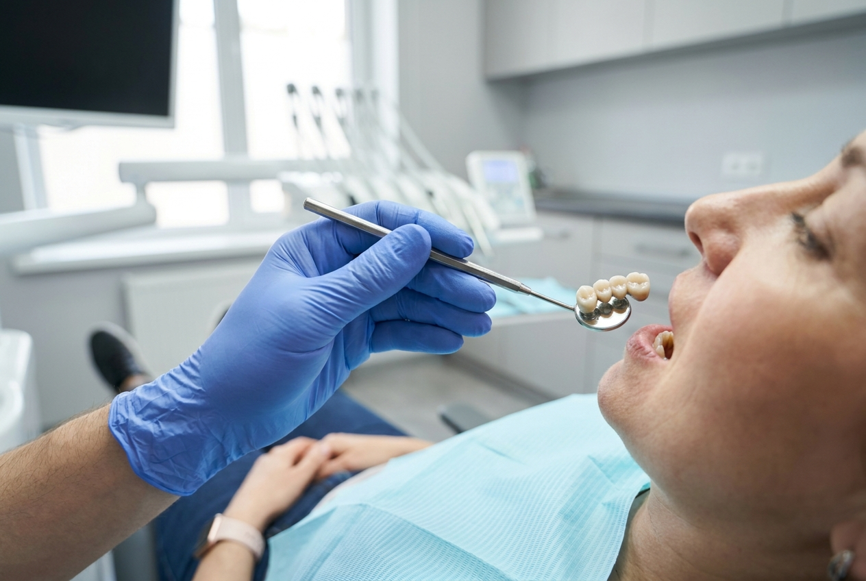 A dentist examines a patient's dental bridge with a small mirror during an appointment in a dental clinic.