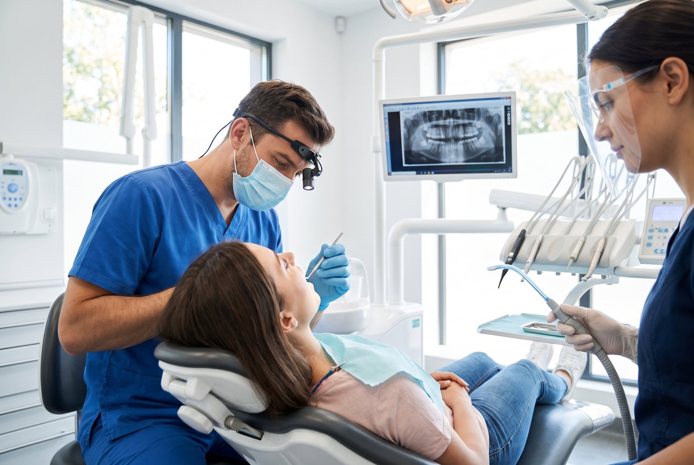 Dentist examining a patient with urgency and care in a bright modern operatory