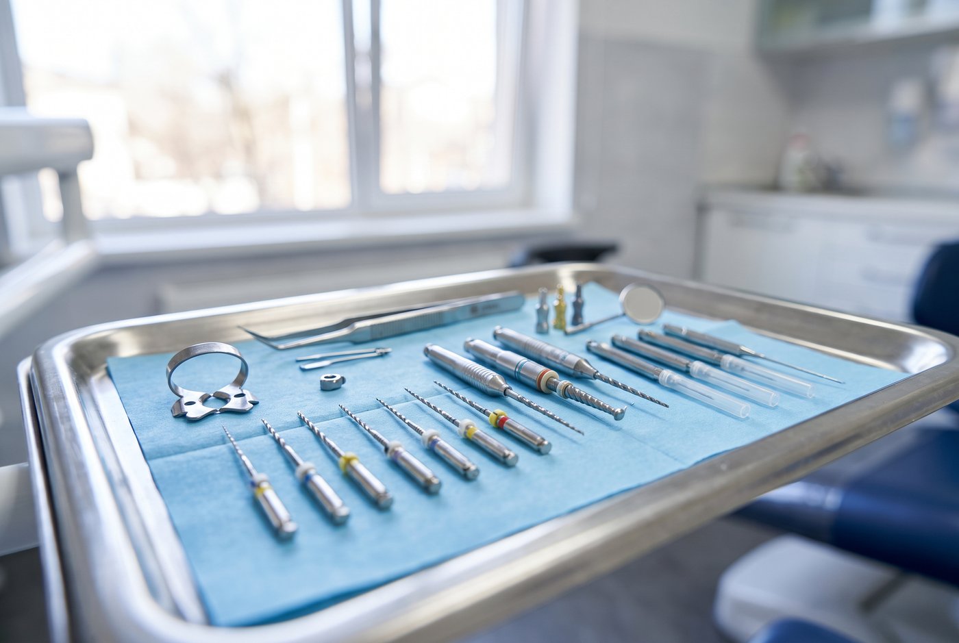 Modern endodontic instruments arranged on a sterile tray in a dental operatory
