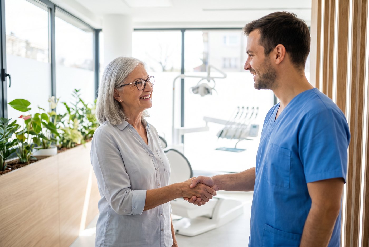 Smiling older patient shaking hands with a dentist in a bright modern office