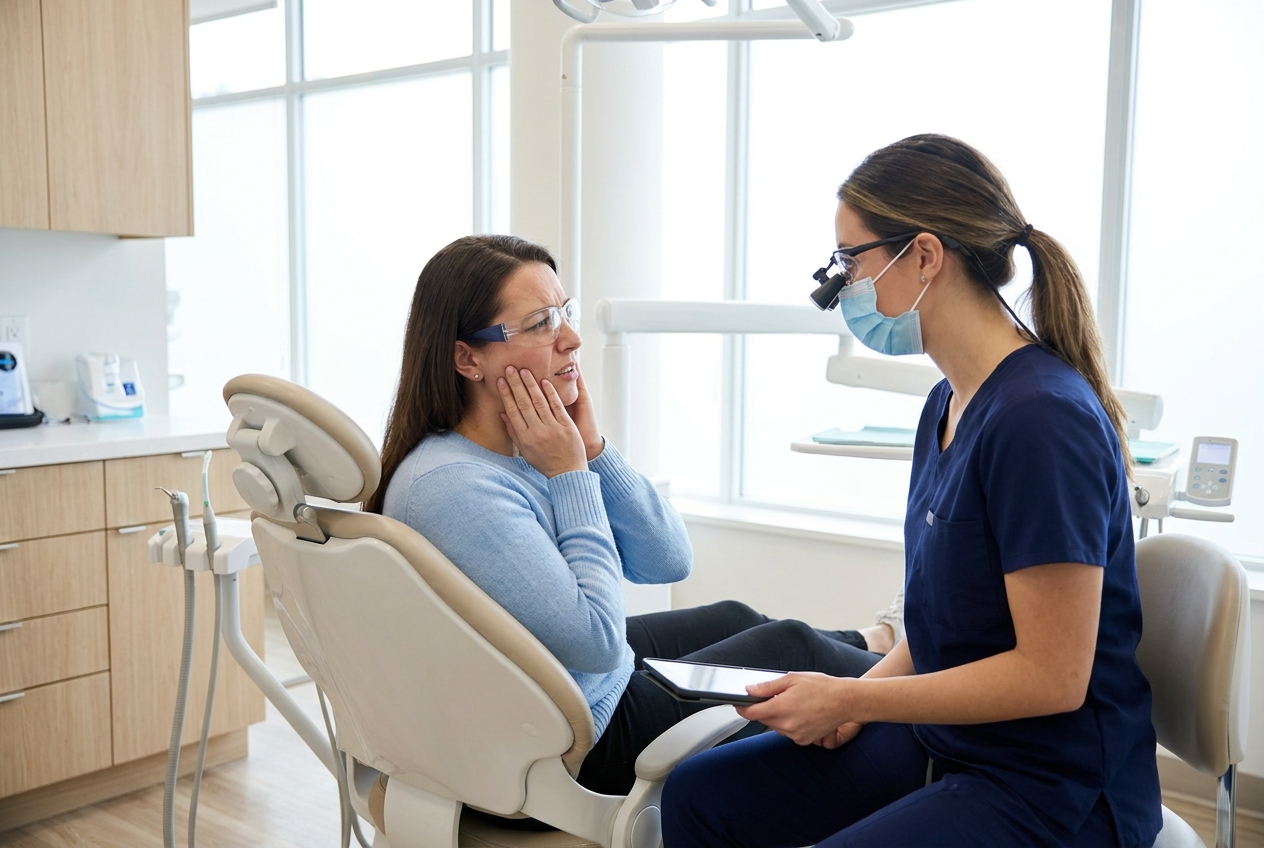 A woman seated in a dental chair touches her cheek near her jaw while a dentist listens to her concerns.