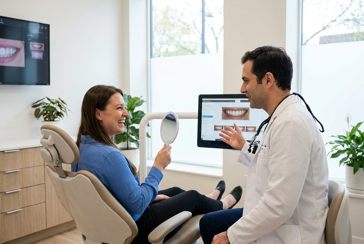 A woman holds a handheld mirror and studies her smile while a dentist discusses cosmetic treatment options.