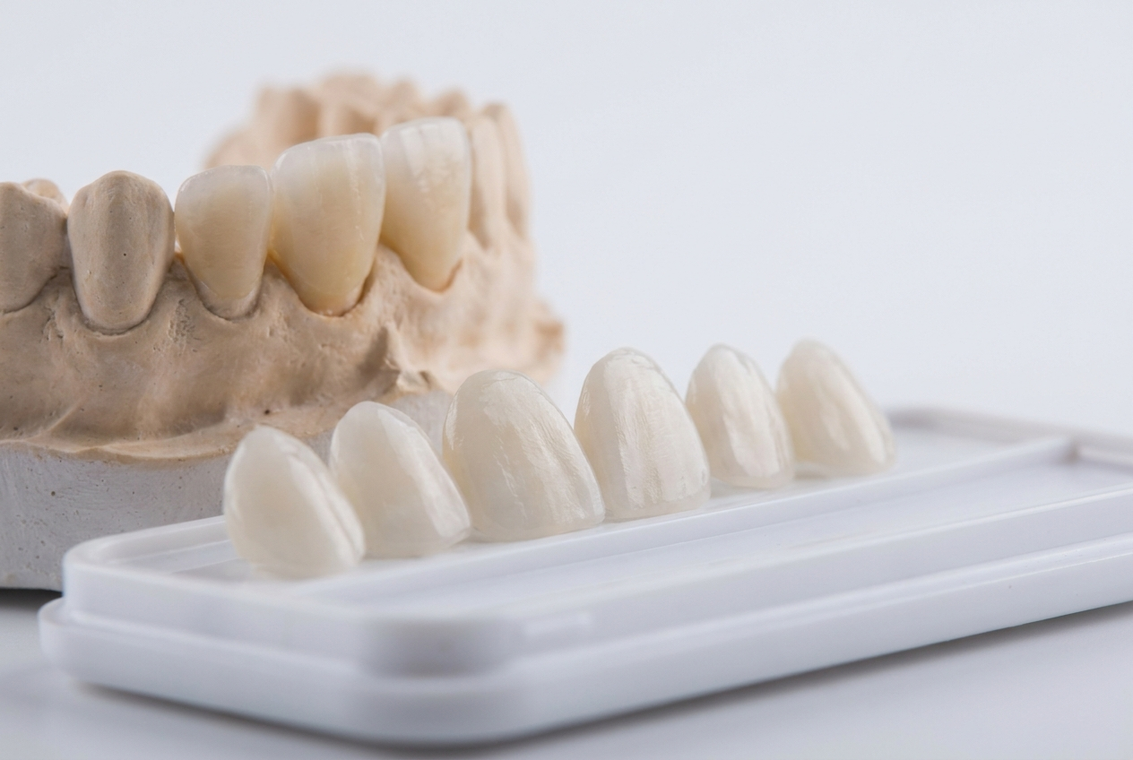 Close-up of several thin porcelain veneer shells arranged beside a dental model on a white background.