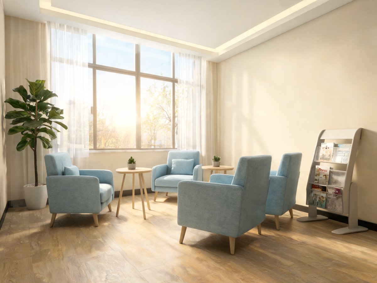 Calm dental office waiting room with soft chairs, plants and morning light