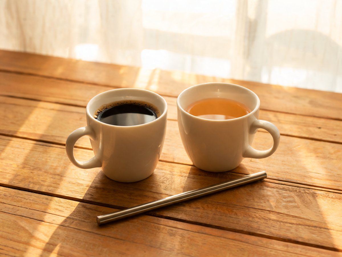 Cup of coffee and cup of tea on a wooden table with a reusable straw beside them