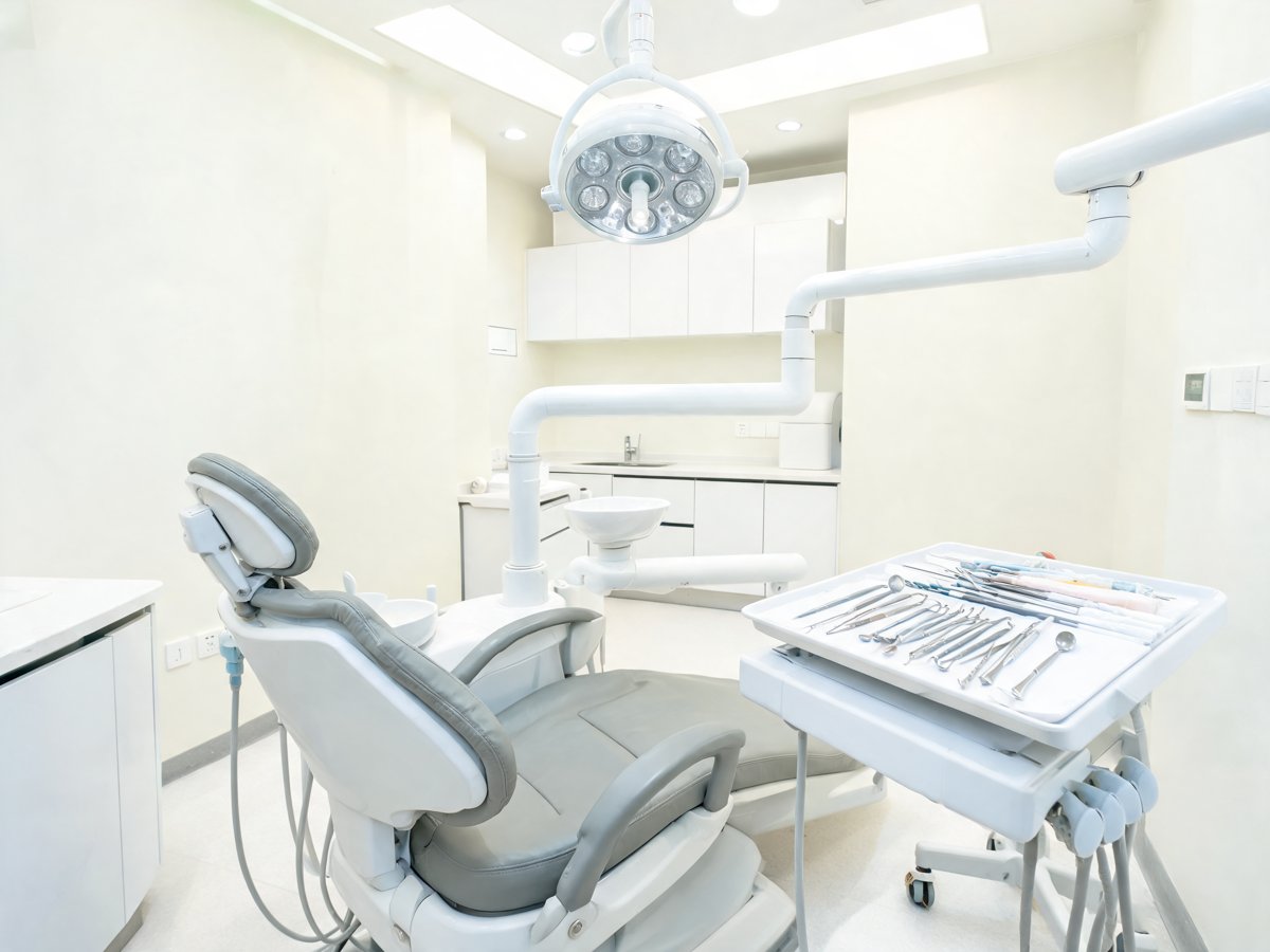 Modern dental treatment room with an empty dental chair and a tray of instruments