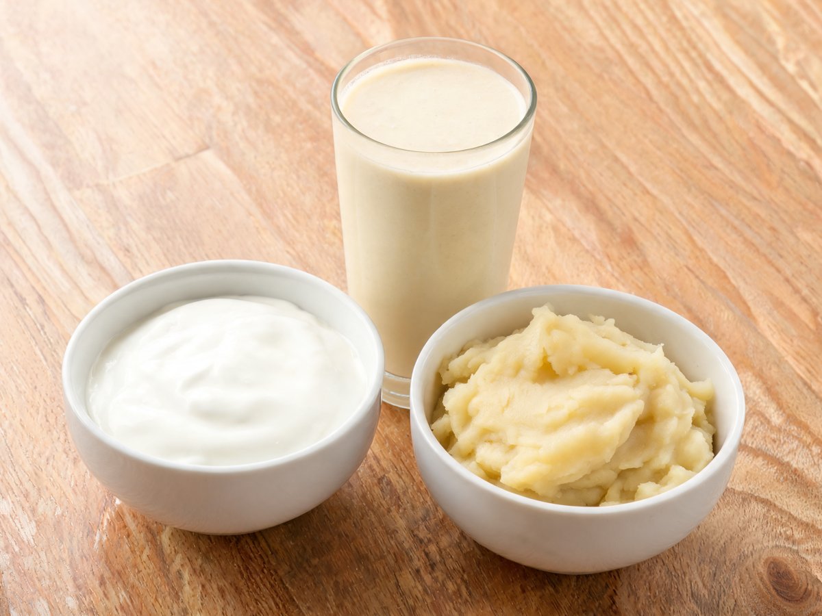 Bowl of yogurt, a smoothie and mashed potatoes, soft foods to eat after oral surgery