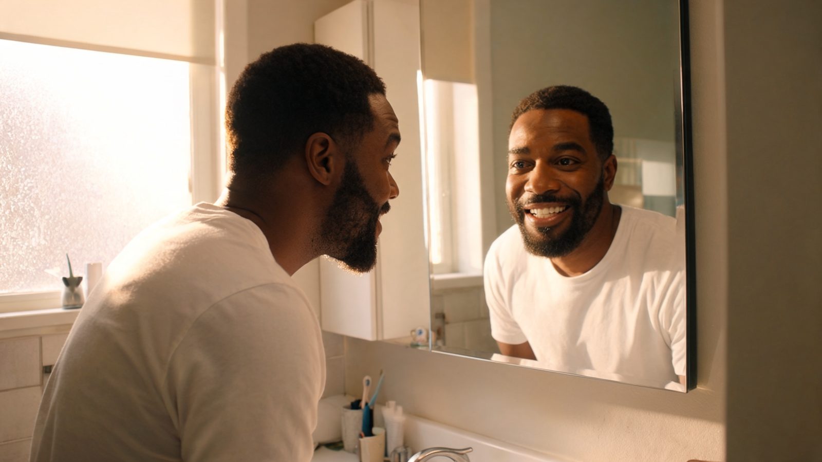 Man with a short beard checking his front teeth in a bathroom mirror