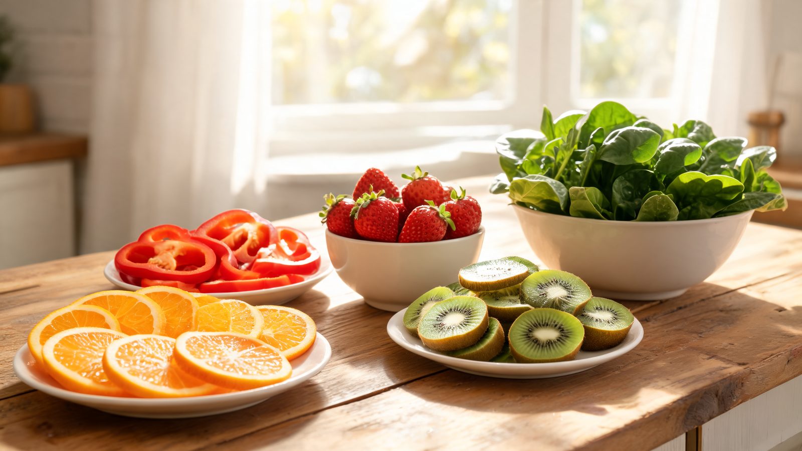 Oranges, red bell peppers, strawberries, kiwi and leafy greens on a kitchen counter